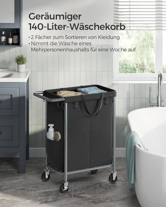 FurnStar - Wasmand 2 vakken - 90 liter - Wasverzamelaar met wieltjes - Waszak Afneembaar - Stalen frame - Met handvat - Ruim - 61 x 29 x 81 cm - Zwart – Zwart 69 x 39 x 81cm