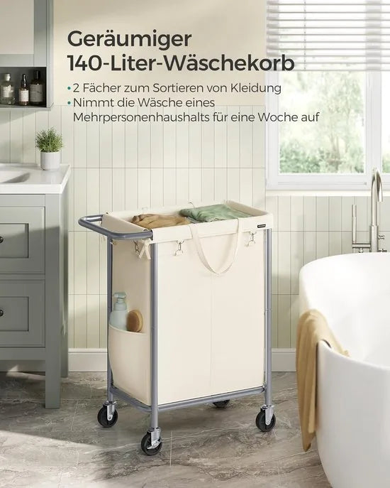 FurnStar - Wasmand 2 vakken - 140 liter - Wasverzamelaar met wieltjes - Waszak Afneembaar - Stalen frame - Met handvat - Ruim - 69 x 39 x 81 cm - Cremewit