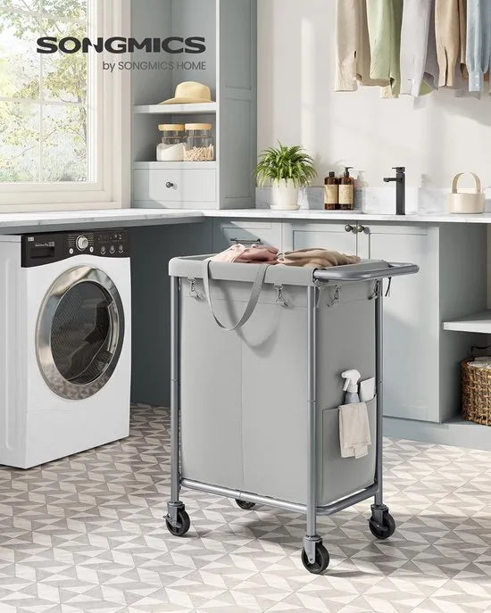 FurnStar - Wasmand 2 vakken - 90 liter - Wasverzamelaar met wieltjes - Waszak Afneembaar - Stalen frame - Met handvat - Ruim - 61 x 29 x 81 cm - Zwart – Grijs 69 x 39 x 81cm