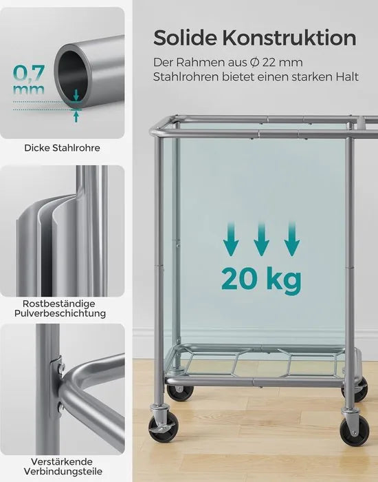 FurnStar - Wasmand 2 vakken - 90 liter - Wasverzamelaar met wieltjes - Waszak Afneembaar - Stalen frame - Met handvat - Ruim - 61 x 29 x 81 cm - Zwart – Grijs 69 x 39 x 81cm