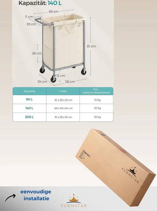 FurnStar - Wasmand 2 vakken - 90 liter - Wasverzamelaar met wieltjes - Waszak Afneembaar - Stalen frame - Met handvat - Ruim - 61 x 29 x 81 cm - Zwart – Creme 69 x 39 x 81cm