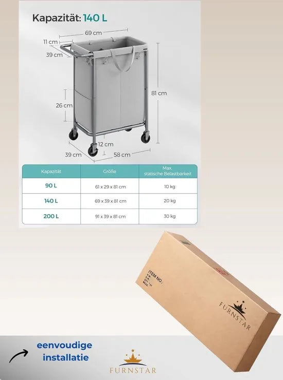 FurnStar - Wasmand 2 vakken - 90 liter - Wasverzamelaar met wieltjes - Waszak Afneembaar - Stalen frame - Met handvat - Ruim - 61 x 29 x 81 cm - Zwart – Grijs 69 x 39 x 81cm