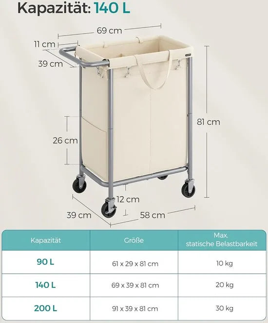FurnStar - Wasmand 2 vakken - 90 liter - Wasverzamelaar met wieltjes - Waszak Afneembaar - Stalen frame - Met handvat - Ruim - 61 x 29 x 81 cm - Zwart – Creme 69 x 39 x 81cm
