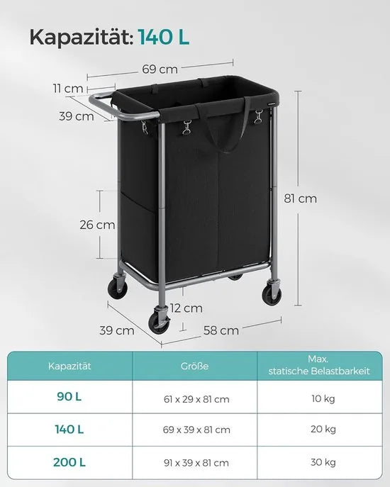 FurnStar - Wasmand 2 vakken - 90 liter - Wasverzamelaar met wieltjes - Waszak Afneembaar - Stalen frame - Met handvat - Ruim - 61 x 29 x 81 cm - Zwart