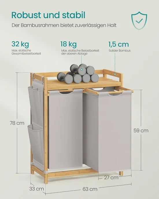 Furnstar wasmand - 2 vakken - Bamboe Wasverzamelaar - 100 l Wassorteerder met plank -Waszak - Kleine zijzakken - Wasrek - 2 x 50 l 63 x 33 x 78 cm - Grijs