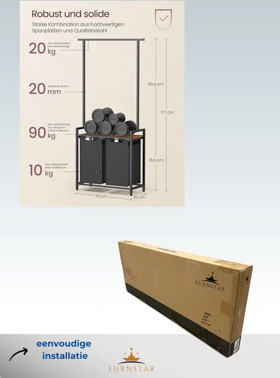 FurnStar - Wasmand - 2 vakken - Wassorteerder - Incl. Kledingstang - 2x46L - Zwart