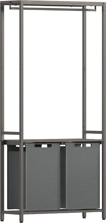 FurnStar - Wasmand 2 vakken - Wassorteerder - Wasverzamelaar met kledingstang - Wassorteerder met plank -2x46L - Grijs
