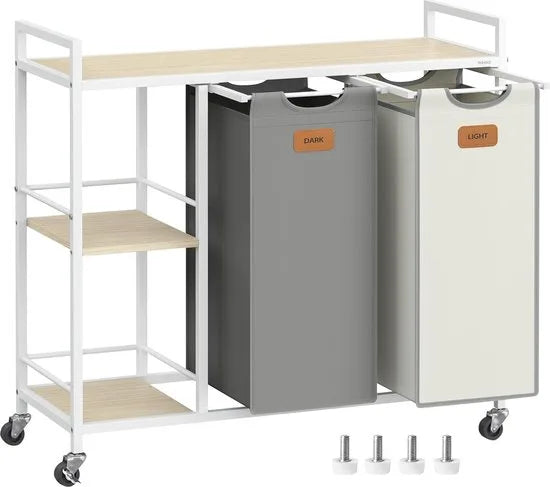 FurnStar - Wasmand 2 vakken - wasverzamelaar 100 l - wassorteerder - rollen - waswagen met planken - waszak - met afneembare vakken - 6 etiketten - kastanjebruin-inktzwart-87 x 33 x 80,5 cm - duifgrij – Natuurbeige + duifgrijs + crèmewit
