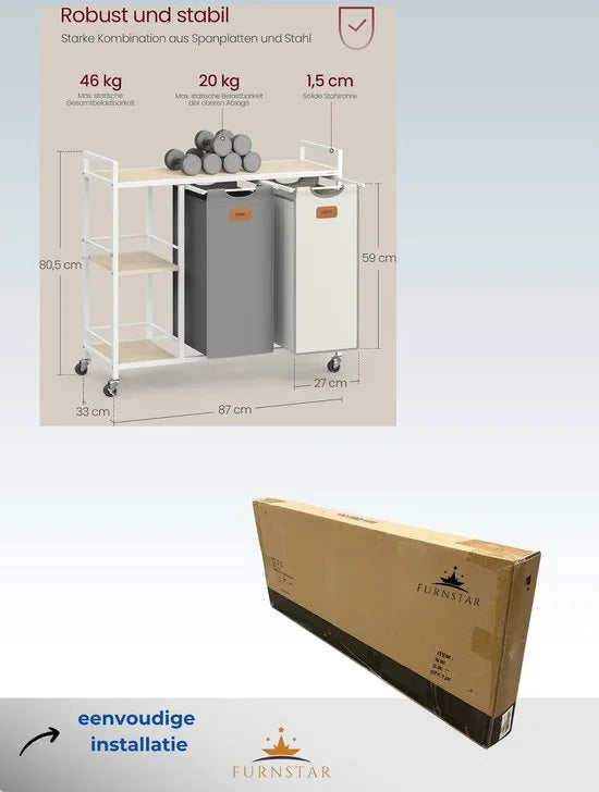 FurnStar - Wasmand 2 vakken - wasverzamelaar 100 l - wassorteerder - rollen - waswagen met planken - waszak - met afneembare vakken - 6 etiketten - kastanjebruin-inktzwart-87 x 33 x 80,5 cm - duifgrij – Natuurbeige + duifgrijs + crèmewit
