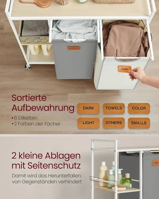 FurnStar - Wasmand 2 vakken - wasverzamelaar 100 l - wassorteerder - rollen - waswagen met planken - waszak - met afneembare vakken - 6 etiketten - kastanjebruin-inktzwart-87 x 33 x 80,5 cm - duifgrij – Natuurbeige + duifgrijs + crèmewit
