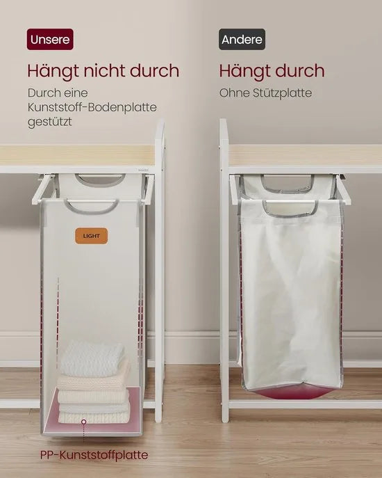 FurnStar - Wasmand 2 vakken - wasverzamelaar 100 l - wassorteerder - rollen - waswagen met planken - waszak - met afneembare vakken - 6 etiketten - kastanjebruin-inktzwart-87 x 33 x 80,5 cm - duifgrij – Natuurbeige + duifgrijs + crèmewit
