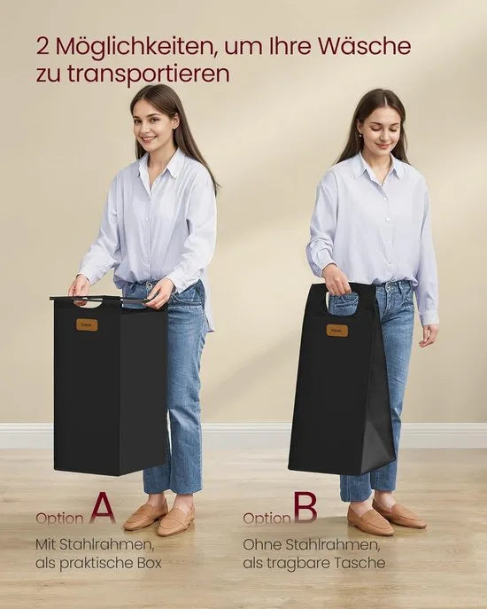 FurnStar - Wasmand 2 vakken - wasverzamelaar 100 l - wassorteerder - rollen - waswagen met planken - waszak - met afneembare vakken - 6 etiketten - kastanjebruin-inktzwart-87 x 33 x 80,5 cm - duifgrijs