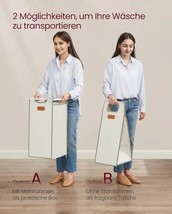 FurnStar - Wasmand 2 vakken - wasverzamelaar 100 l - wassorteerder - rollen - waswagen met planken - waszak - met afneembare vakken - 6 etiketten - kastanjebruin-inktzwart-87 x 33 x 80,5 cm - duifgrij – Natuurbeige + duifgrijs + crèmewit