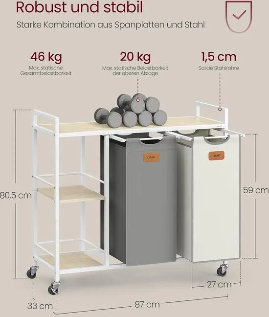 FurnStar - Wasmand 2 vakken - wasverzamelaar 100 l - wassorteerder - rollen - waswagen met planken - waszak - met afneembare vakken - 6 etiketten - kastanjebruin-inktzwart-87 x 33 x 80,5 cm - duifgrij – Natuurbeige + duifgrijs + crèmewit