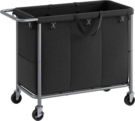 FurnStar - Wasmand 3 vakken - 200 liter - Wasverzamelaar met wieltjes - Waszak Afneembaar - Stalen frame - Met handvat - Ruim - 91 x 39 x 81 cm - Zwart