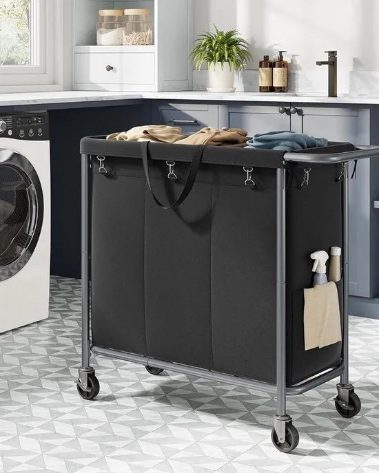 FurnStar - Wasmand 3 vakken - 200 liter - Wasverzamelaar met wieltjes - Waszak Afneembaar - Stalen frame - Met handvat - Ruim - 91 x 39 x 81 cm - Zwart