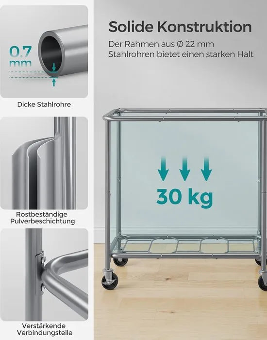 FurnStar - Wasmand 3 vakken - 200 liter - Wasverzamelaar met wieltjes - Waszak Afneembaar - Stalen frame - Met handvat - Ruim - 91 x 39 x 81 cm - Zwart