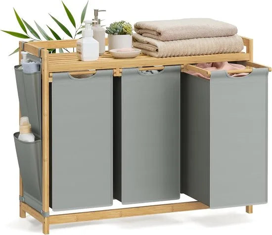 Furnstar wasmand - 3 vakken - Bamboe - Wasverzamelaar 150 l - Wassorteerder met plank -Waszak - Kleine zijzakken - 3 x 50 l 94 x 33 x 78 cm - Crèmewit – Duifgrijs