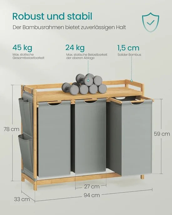 Furnstar wasmand - 3 vakken - Bamboe - Wasverzamelaar 150 l - Wassorteerder met plank -Waszak - Kleine zijzakken - 3 x 50 l 94 x 33 x 78 cm - Crèmewit – Duifgrijs