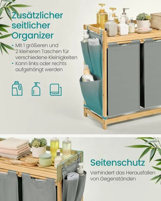 Furnstar wasmand - 3 vakken - Bamboe - Wasverzamelaar 150 l - Wassorteerder met plank -Waszak - Kleine zijzakken - 3 x 50 l 94 x 33 x 78 cm - Crèmewit – Duifgrijs
