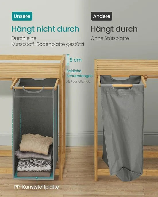 Furnstar wasmand - 3 vakken - Bamboe - Wasverzamelaar 150 l - Wassorteerder met plank -Waszak - Kleine zijzakken - 3 x 50 l 94 x 33 x 78 cm - Crèmewit – Duifgrijs