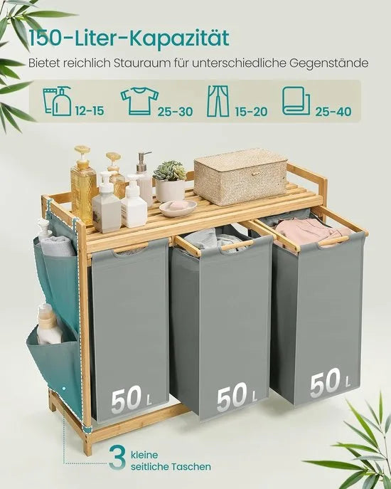 Furnstar wasmand - 3 vakken - Bamboe - Wasverzamelaar 150 l - Wassorteerder met plank -Waszak - Kleine zijzakken - 3 x 50 l 94 x 33 x 78 cm - Crèmewit – Duifgrijs