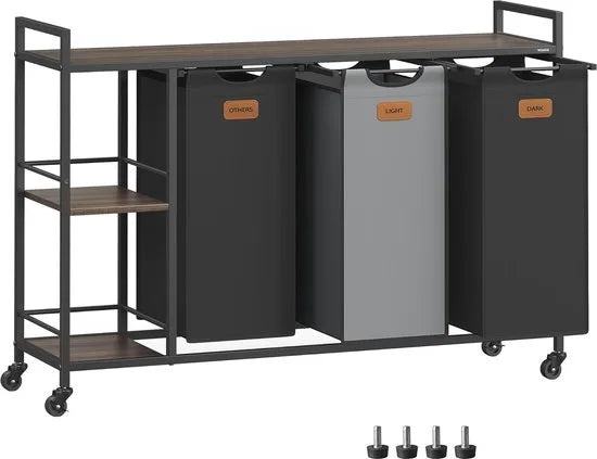 FurnStar Wasmand 3 Vakken – Wassorteerder 150L met Rollen en Planken – Afneembare Waszakken – 6 Etiketten – 117 x 33 x 80,5 cm – Kastanjebruin - Inktzwart & Duifgrijs