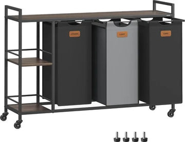 FurnStar Wasmand 3 Vakken – Wassorteerder 150L met Rollen en Planken – Afneembare Waszakken – 6 Etiketten – 117 x 33 x 80,5 cm – Kastanjebruin - Inktzwart & Duifgrijs