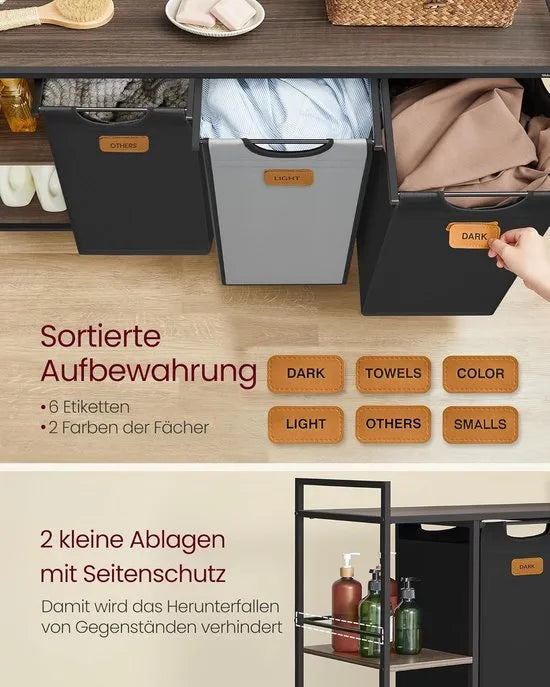 FurnStar Wasmand 3 Vakken – Wassorteerder 150L met Rollen en Planken – Afneembare Waszakken – 6 Etiketten – 117 x 33 x 80,5 cm – Kastanjebruin - Inktzwart & Duifgrijs