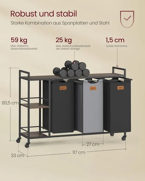 FurnStar Wasmand 3 Vakken – Wassorteerder 150L met Rollen en Planken – Afneembare Waszakken – 6 Etiketten – 117 x 33 x 80,5 cm – Kastanjebruin - Inktzwart & Duifgrijs