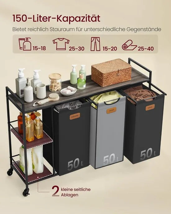 FurnStar Wasmand 3 Vakken – Wassorteerder 150L met Rollen en Planken – Afneembare Waszakken – 6 Etiketten – 117 x 33 x 80,5 cm – Kastanjebruin - Inktzwart & Duifgrijs