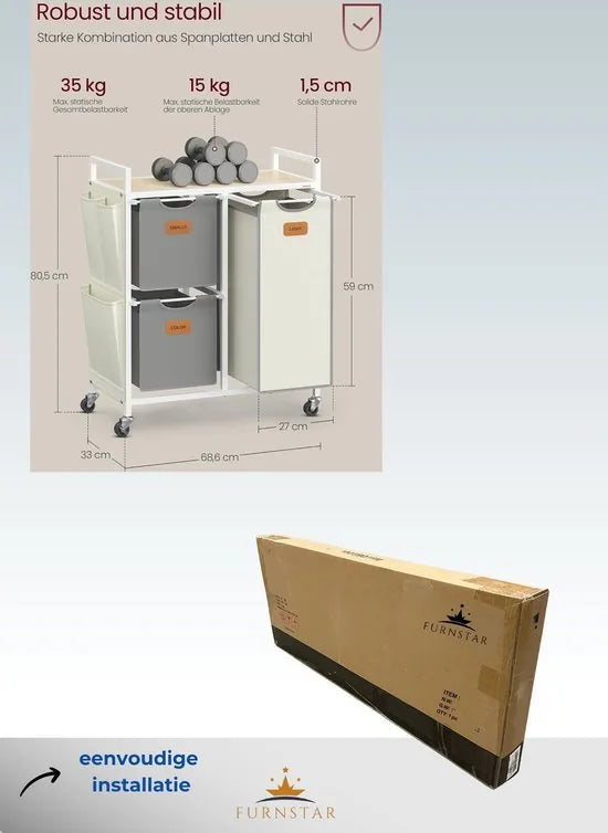 FurnStar - Wasmand 3 vakken, wasverzamelaar 100 l, wassorteerder, rollen, waswagen met plank, waszak, kleine zijzakken, 6 etiketten, natuurbeige-duifgrijs-crèmewit
