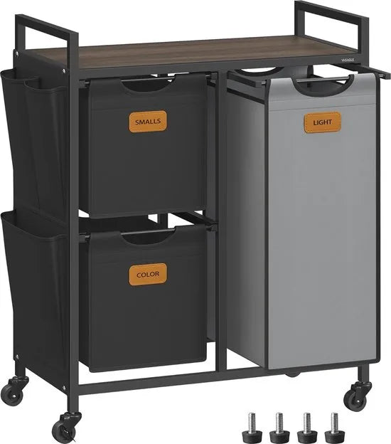 FurnStar Wasmand 3 Vakken – Wasverzamelaar met Rollen en Plank – 100L – Wassorteerder met 6 Etiketten – Kleine Zijzakken – 68,6 x 33 x 80,5 cm – Kastanjebruin, Inktzwart, Duifgrijs