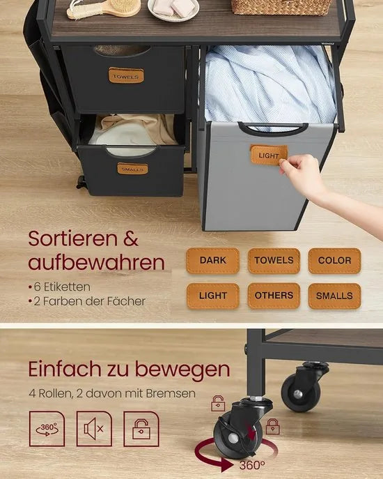 FurnStar Wasmand 3 Vakken – Wasverzamelaar met Rollen en Plank – 100L – Wassorteerder met 6 Etiketten – Kleine Zijzakken – 68,6 x 33 x 80,5 cm – Kastanjebruin, Inktzwart, Duifgrijs