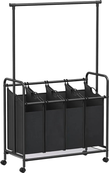 FurnStar - Wasmand - 4 vakken - Wassorteerder - Incl. Kledingstang - Op Wielen - 4x50L - Zwart