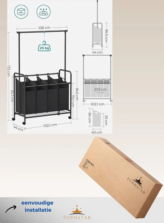 FurnStar - Wasmand - 4 vakken - Wassorteerder - Incl. Kledingstang - Op Wielen - 4x50L - Zwart
