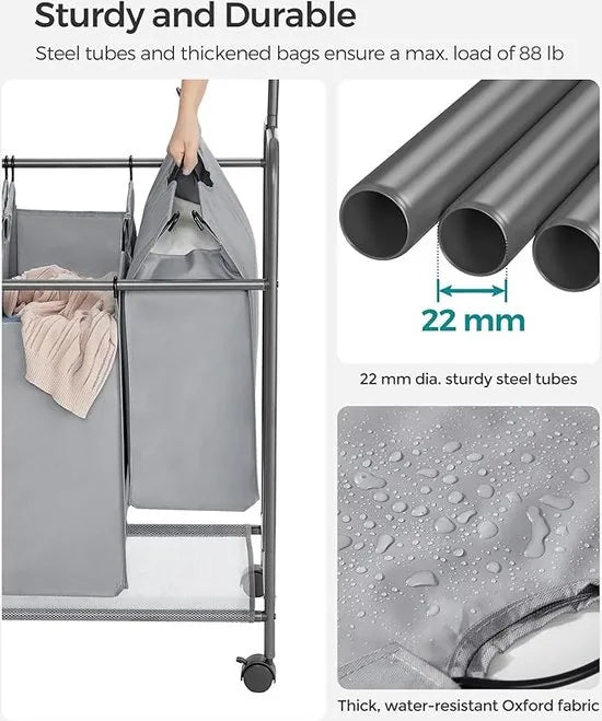 FurnStar - Wasmand 4 vakken - Wassorteerder - Incl. Kledingstang - Op Wieltjes - 4x50L - Grijs