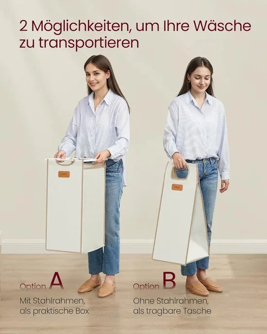 FurnStar - Wasmand 4 vakken - wasverzamelaar 150 l - wassorteerder - rollen - waswagen met plank - waszak - kleine zijzakken - 6 etiketten - 98,6 x 33 x 80,5 cm - natuurbeige-kameelbruin-crèmewit