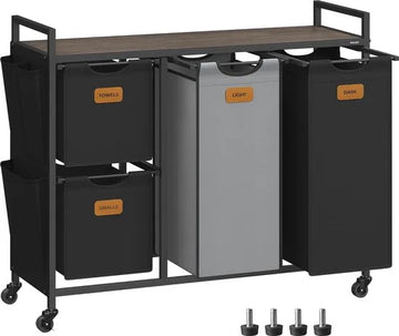 FurnStar - Wasmand 4 vakken - Wasverzamelaar 150 l - Wassorteerder - Waswagen met plank - Waszak - Kleine zijzakken - 6 etiketten - 98.6 x 33 x 80.5 cm - Kastanjebruin-Inktzwart-Duifgrijs