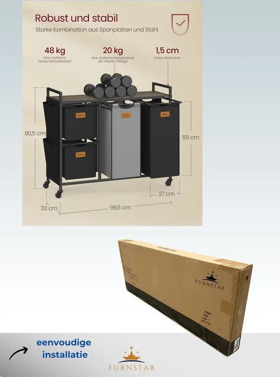FurnStar - Wasmand 4 vakken - Wasverzamelaar 150 l - Wassorteerder - Waswagen met plank - Waszak - Kleine zijzakken - 6 etiketten - 98.6 x 33 x 80.5 cm - Kastanjebruin-Inktzwart-Duifgrijs