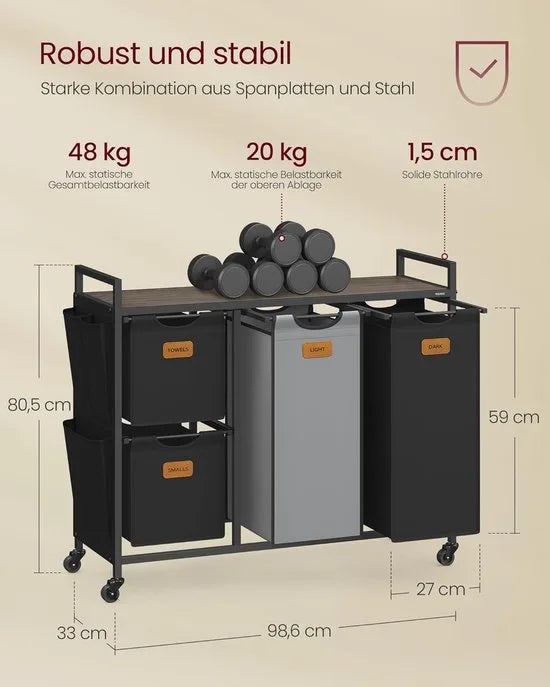FurnStar - Wasmand 4 vakken - Wasverzamelaar 150 l - Wassorteerder - Waswagen met plank - Waszak - Kleine zijzakken - 6 etiketten - 98.6 x 33 x 80.5 cm - Kastanjebruin-Inktzwart-Duifgrijs