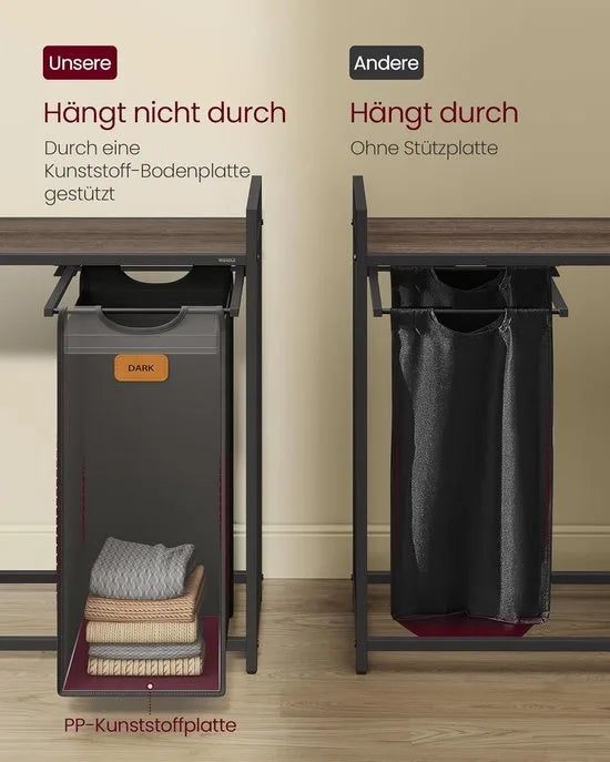 FurnStar - Wasmand 4 vakken - Wasverzamelaar 150 l - Wassorteerder - Waswagen met plank - Waszak - Kleine zijzakken - 6 etiketten - 98.6 x 33 x 80.5 cm - Kastanjebruin-Inktzwart-Duifgrijs