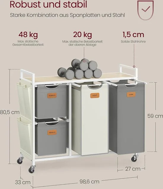 FurnStar Wasmand 4 Vakken – Wasverzamelaar 150L – Wassorteerder met Rollen en Plank – Waszakken met Kleine Zijzakken – 6 Etiketten – 98,6 x 33 x 80,5 cm – Natuurbeige - Duifgrijs-CrèmewitNatuurbeige - Duifgrijs-Crèmewit
