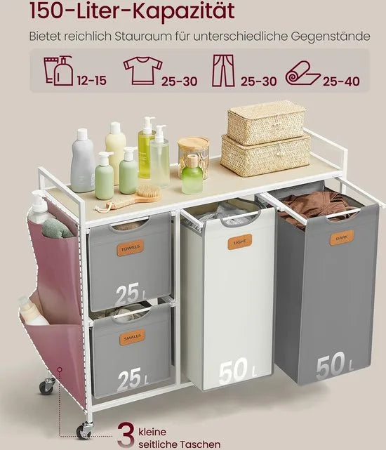 FurnStar Wasmand 4 Vakken – Wasverzamelaar 150L – Wassorteerder met Rollen en Plank – Waszakken met Kleine Zijzakken – 6 Etiketten – 98,6 x 33 x 80,5 cm – Natuurbeige - Duifgrijs-CrèmewitNatuurbeige - Duifgrijs-Crèmewit