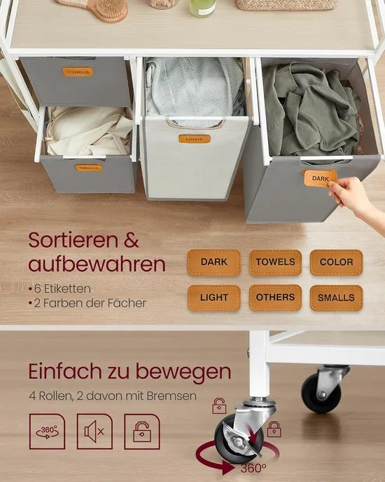 FurnStar Wasmand 4 Vakken – Wasverzamelaar 150L – Wassorteerder met Rollen en Plank – Waszakken met Kleine Zijzakken – 6 Etiketten – 98,6 x 33 x 80,5 cm – Natuurbeige - Duifgrijs-CrèmewitNatuurbeige - Duifgrijs-Crèmewit