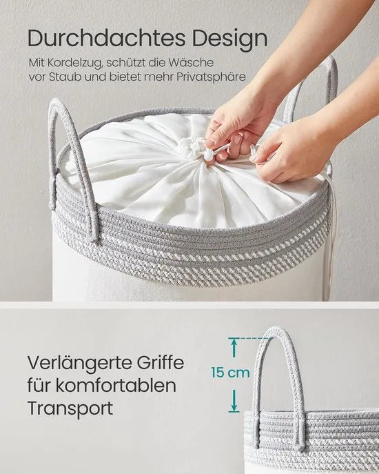 Furnstar Wasmand - 60 Liter - Opbergmand met Deksel - Katoenen Touw - Trekkoord - Handvatten - Voor Kleding en Dekens - Bruin RLH060K01 – Duifgrijs