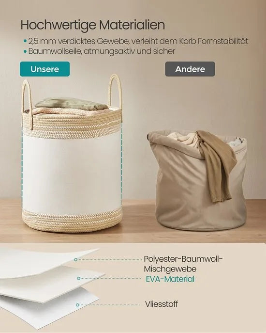Furnstar Wasmand - 60 Liter - Opbergmand met Deksel - Katoenen Touw - Trekkoord - Handvatten - Voor Kleding en Dekens - Bruin RLH060K01