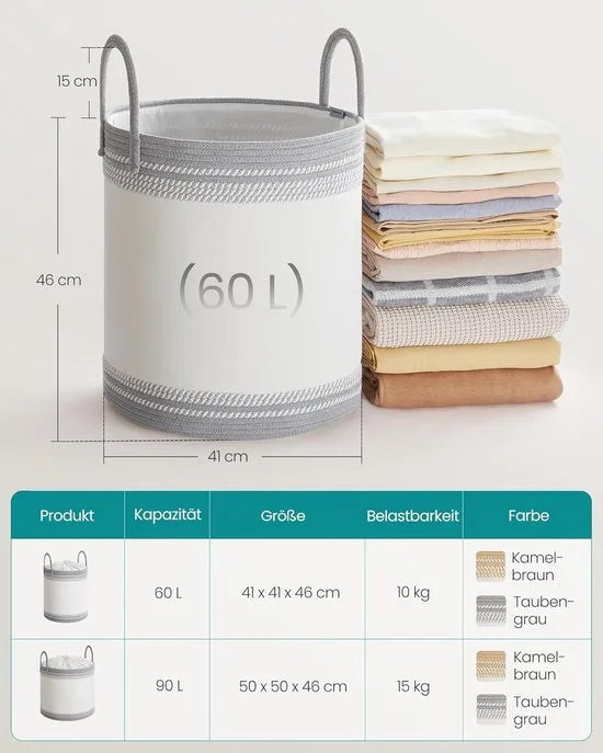 Furnstar Wasmand - 60 Liter - Opbergmand met Deksel - Katoenen Touw - Trekkoord - Handvatten - Voor Kleding en Dekens - Duifgrijs