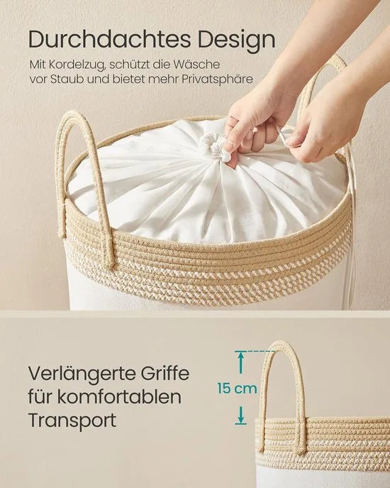 Furnstar Wasmand - 60 Liter - Opbergmand met Deksel - Katoenen Touw - Trekkoord - Handvatten - Voor Kleding en Dekens - Bruin RLH060K01