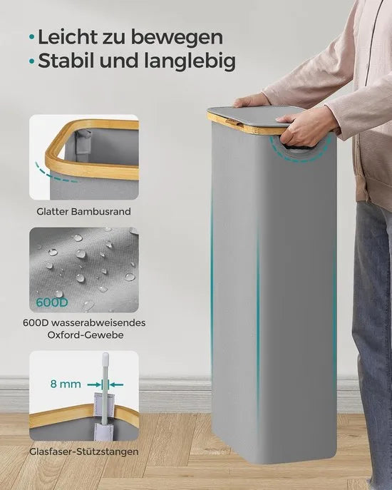 FurnStar - Wasmand - 65 liter - wasverzamelaar met deksel - opvouwbaar - uitneembare waszak - Oxford-weefsel - handgrepen van bamboe - inklapbaar - 42 x 22,5 x 70,5 cm - duifgrijs